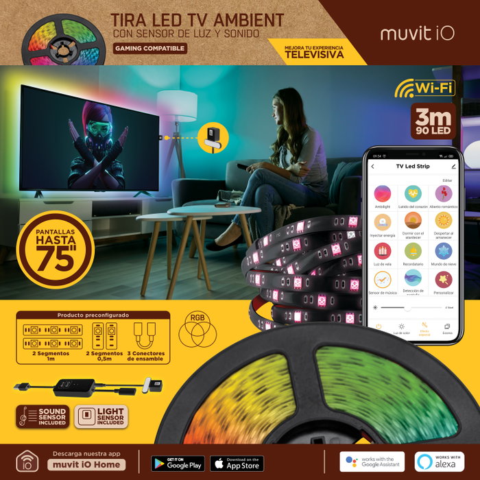 Muvit Tira LED iO WiFi TV - Ruban Lumineux Compatible Alexa Google Assistant Muvit Tira LED iO WiFi TV - Ruban Lumineux Compatible Alexa Google Assistant