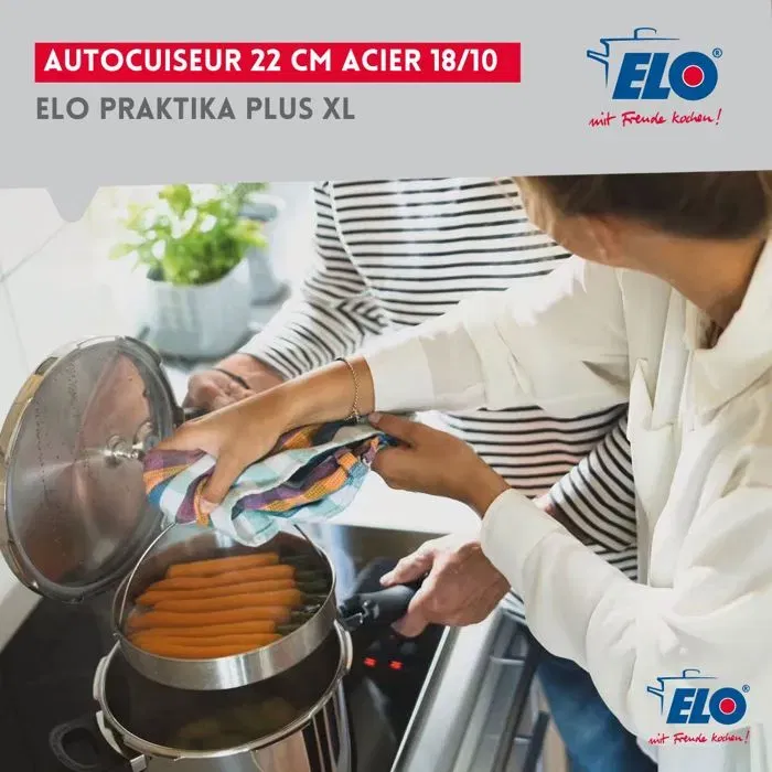 ELO Autocuiseur Vapeur Praktika Plus XL 2 en 1 - Acier Inoxydable 18/10 - Pot 22 cm 3L et 6L - Compatible Tous Feux Dont Induction