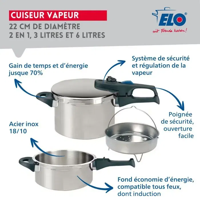 ELO Autocuiseur Vapeur Praktika Plus XL 2 en 1 - Acier Inoxydable 18/10 - Pot 22 cm 3L et 6L - Compatible Tous Feux Dont Induction