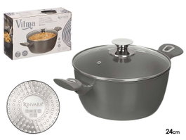 Kinvara Casserole Induction Forgée 24 cm Gris avec couvercle en verre et anses douces au toucher (Set de 6)