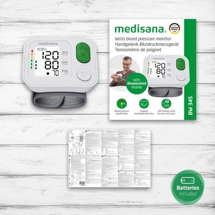 Medisana BW 345 - Tensiomètre poignet médical certifié, détection d'arythmie, écran XL, 398 mémoires pour 2 utilisateurs