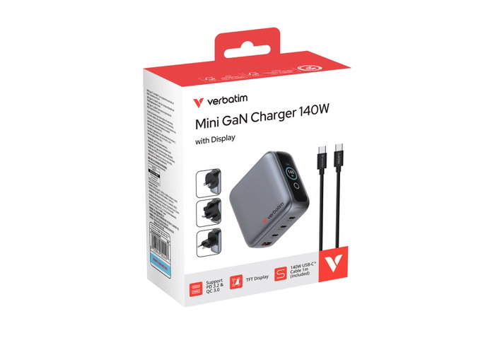 Verbatim Mini GaN Charger 140W avec écran, 3xUSB-C + 1xUSB-A, Noir Verbatim Mini GaN Charger 140W avec écran, 3xUSB-C + 1xUSB-A, Noir