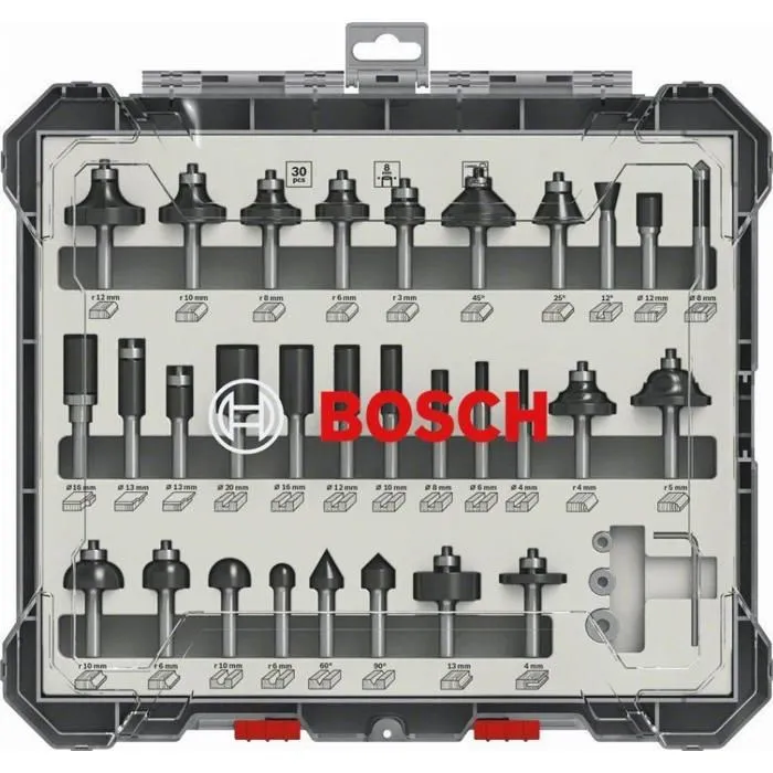 Bosch Professional Coffret de 30 fraises mixtes Ø 8 mm queue de 8 mm - pour dégrossissage, profilage et finition sur bois - 2607017475