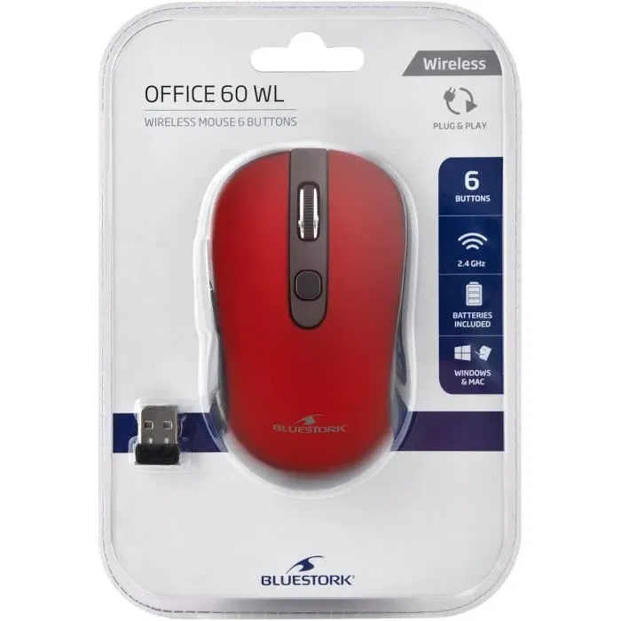 Bluestork OFFICE 60 M-WL-OFF60-RED - Souris sans fil ergonomique avec 6 boutons, latéraux pour navigation, pour PC/MAC - Rouge