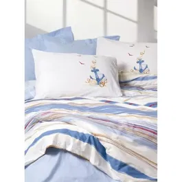 Parure de lit 3 pieces en coton renforce 100% - Housse de couette 220 x 240 cm + 2 taies d'oreiller 60 x 60 cm - Bleu durable - Systeme fermeture enveloppe et boutons