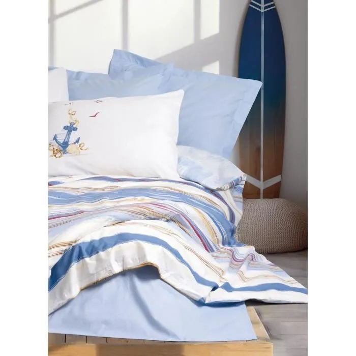 Parure de lit 3 pieces en coton renforce 100% - Housse de couette 220 x 240 cm + 2 taies d'oreiller 60 x 60 cm - Bleu durable - Systeme fermeture enveloppe et boutons