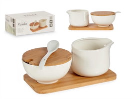 VESSIA Set Sucrier et Pot à Lait en Porcelaine et Bambou Blanco-Natural