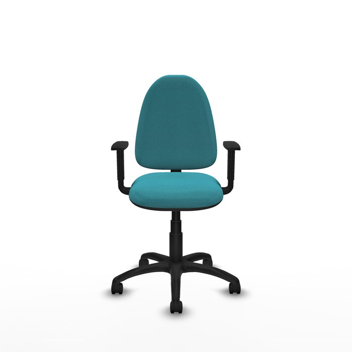 Chaise de bureau Aýna avec mécanisme de contact permanent de base, recouverte de tissu turquoise. Équipée d'une base en polyamide noir, d'accoudoirs 1D et de roulettes en nylon de 50 mm Chaise de bureau Aýna avec mécanisme de contact permanent de base, recouverte de tissu turquoise. Équipée d'une base en polyamide noir, d'accoudoirs 1D et de roulettes en nylon de 50 mm