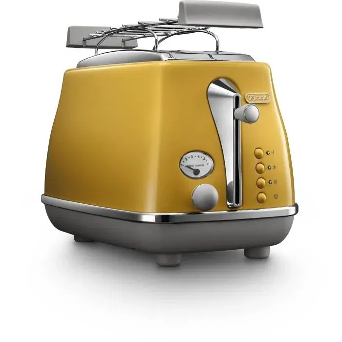 Delonghi ICONA CAPITALS Grille-pain 2 tranches 900W, chauffe-viennoiseries, plateau ramasse-miettes, dorage 6 niveaux, jaune