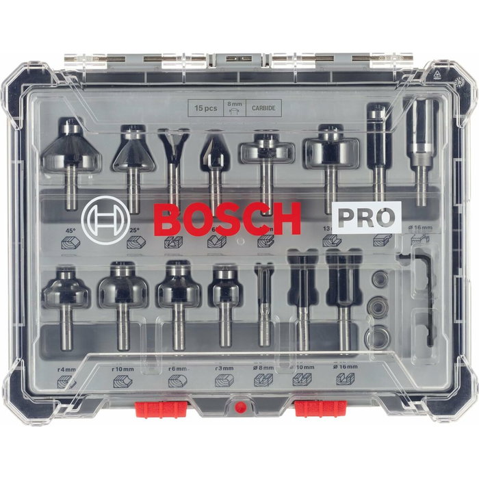 Bosch Professional Coffret de 15 fraises mixtes avec queue de 8 mm