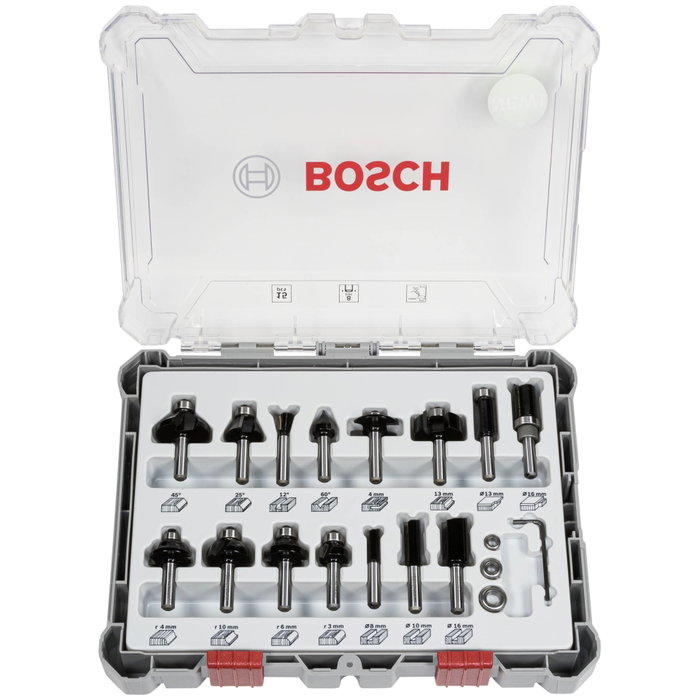 Bosch Professional Coffret de 15 fraises mixtes avec queue de 8 mm