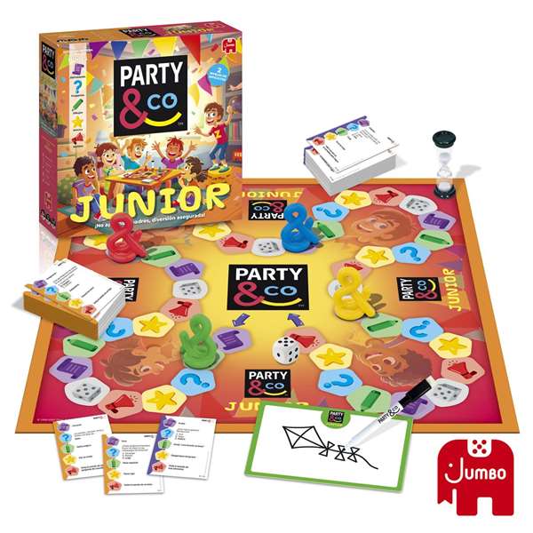 Diset Party & Co. Junior - Jeu de société éducatif pour enfants dès 8 ans - Version espagnole avec plateau et 112 cartes à 2 niveaux de difficulté