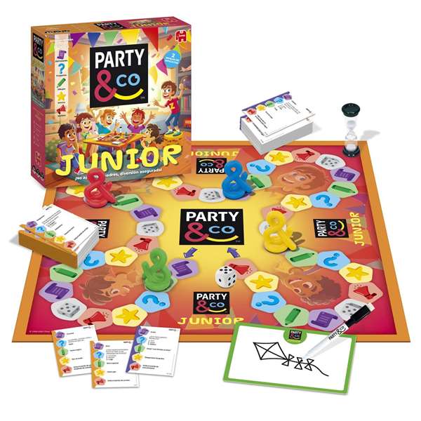 Diset Party & Co. Junior - Jeu de société éducatif pour enfants dès 8 ans - Version espagnole avec plateau et 112 cartes à 2 niveaux de difficulté
