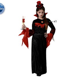 Déguisement de Vampiresse Noir avec Chapeau pour Fille 5-6 Ans - Costume Halloween Gothique en Polyester