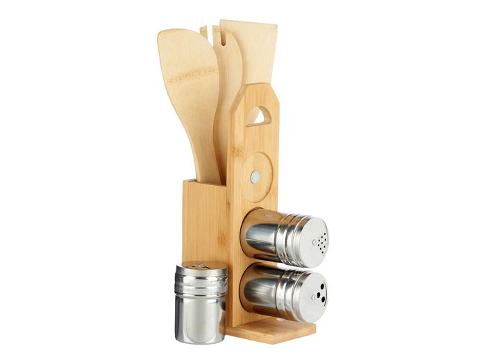 KINVARA Set de 7 pièces d'ustensiles avec support en bambou et métal Marron-Plata KINVARA Set de 7 pièces d'ustensiles avec support en bambou et métal Marron-Plata