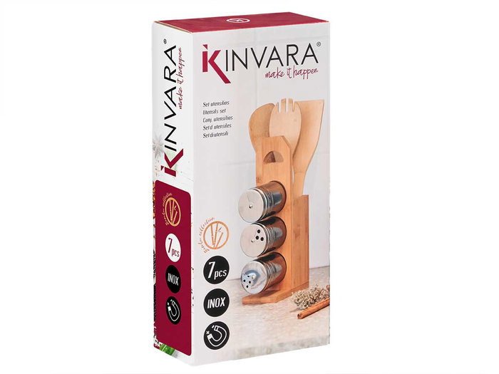 KINVARA Set de 7 pièces d'ustensiles avec support en bambou et métal Marron-Plata KINVARA Set de 7 pièces d'ustensiles avec support en bambou et métal Marron-Plata