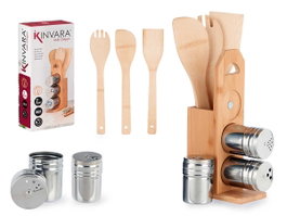 KINVARA Set de 7 pièces d'ustensiles avec support en bambou et métal Marron-Plata