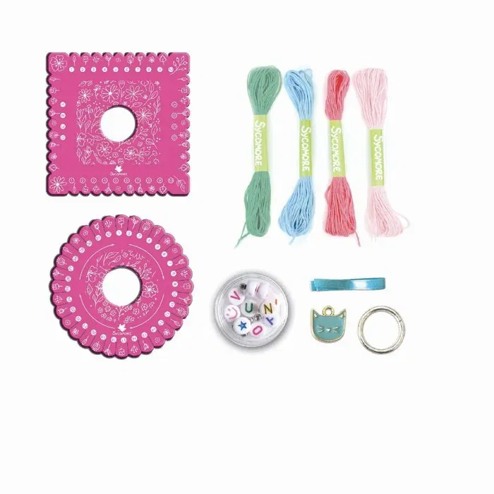 SYCOMORE Atelier de bijoux - Coffret créatif Bracelets d'amitié Kumihimo technique japonaise, avec disques, fils coton, perles et breloques - Dès 7 ans