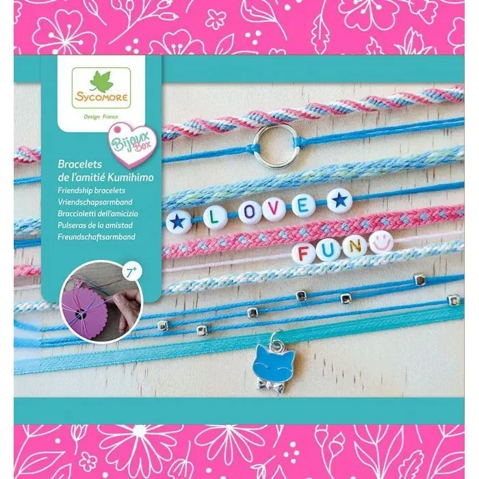 SYCOMORE Atelier de bijoux - Coffret créatif Bracelets d'amitié Kumihimo technique japonaise, avec disques, fils coton, perles et breloques - Dès 7 ans