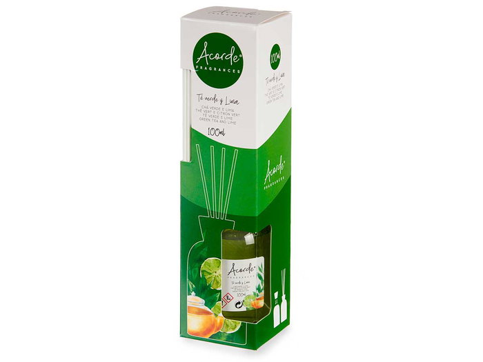 Acorde Mikado 100 ml avec tige verte lime 5,5x21,3x5,5 cm verre bois parfum d'ambiance (Set de 12)