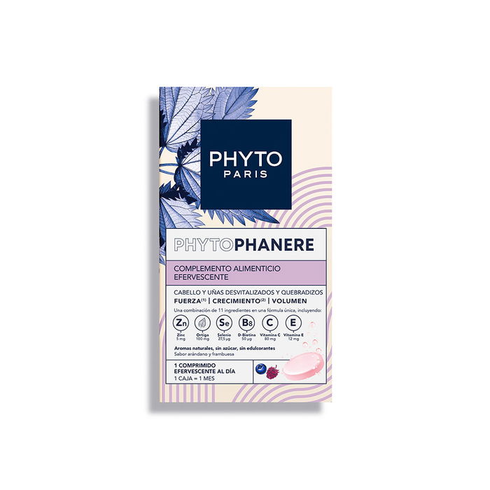 Phyto Phytophanere - Complément alimentaire cheveux et ongles - 30 comprimés effervescents sans sucre, multivitaminés et végétaliens - Parfum framboise myrtille