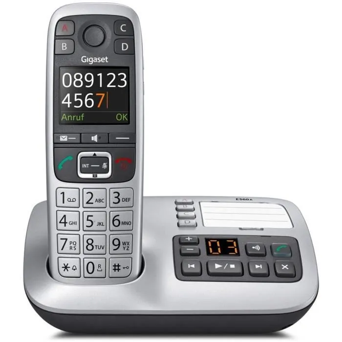 Gigaset E560A Téléphone DECT sans fil Noir/Argent avec Répondeur, Grand écran et Touches, Compatible Aides Auditives Gigaset E560A Téléphone DECT sans fil Noir/Argent avec Répondeur, Grand écran et Touches, Compatible Aides Auditives