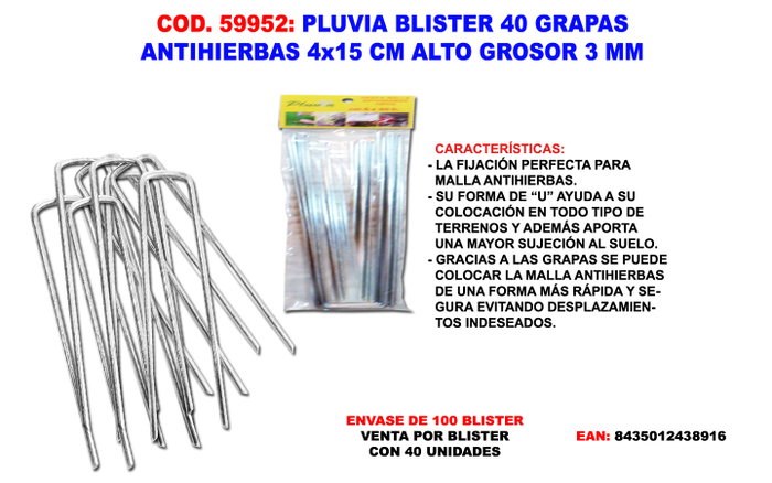 Pluvia Blister Toile anti-mauvaises herbes 4x15 cm avec 40 agrafes et épaisseur 3mm Pluvia Blister Toile anti-mauvaises herbes 4x15 cm avec 40 agrafes et épaisseur 3mm