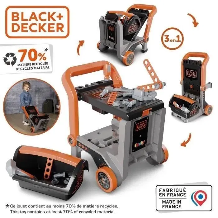 Smoby - Diable Bricolo Jouet d'Imitation 3 en 1 Black+Decker, avec 18 Accessoires (Diable, Etabli, Brouette) - Enfant à partir de 3 ans Smoby - Diable Bricolo Jouet d'Imitation 3 en 1 Black+Decker, avec 18 Accessoires (Diable, Etabli, Brouette) - Enfant à partir de 3 ans