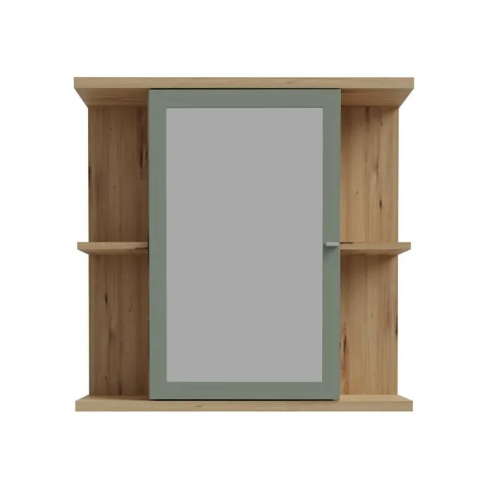 Forte Armoire de toilette murale décor chêne et vert sauge avec miroir sur porte, 4 niches et tablette intérieure, 69.9 x 23.2 x 68.8 cm