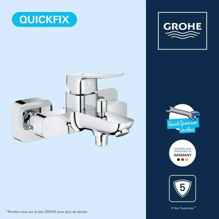 Mitigeur de bain / douche mural GROHE DICE Chrome - Modèle M avec technologie SilkMove, limiteur de débit et de température, débit 5 l/min à 3 bars