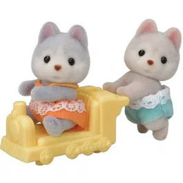 Sylvanian Families Mini-univers Les jumeaux husky - Figurines articulées avec wagon - Orange - Mixte - 3 ans et plus