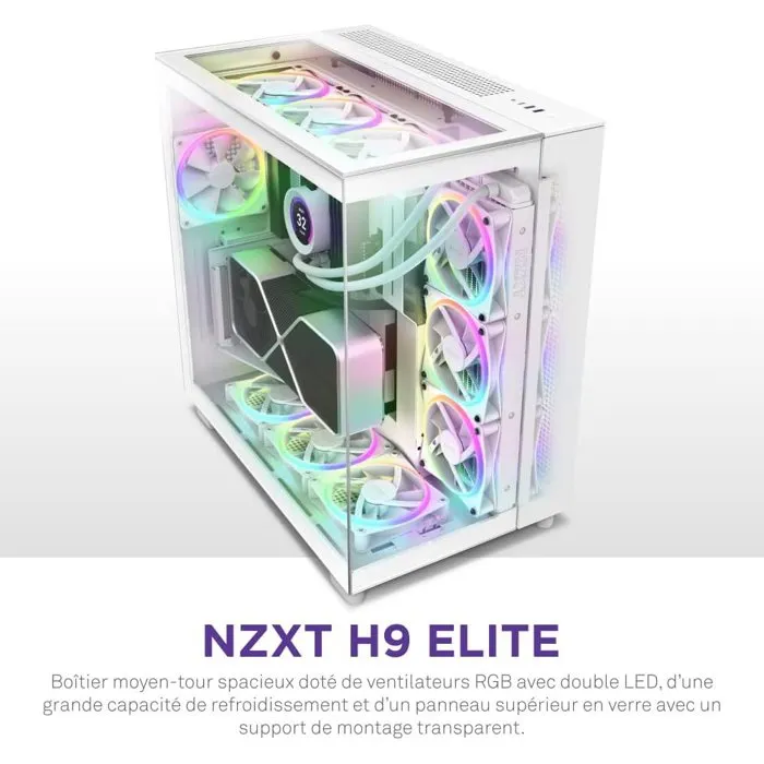 NZXT Boîtier PC Gamer Moyen-Tour H9 Elite CM-H91EW-01 - Blanc - Verre Trempé sur 3 Faces - Préparation pour Éclairage RGB