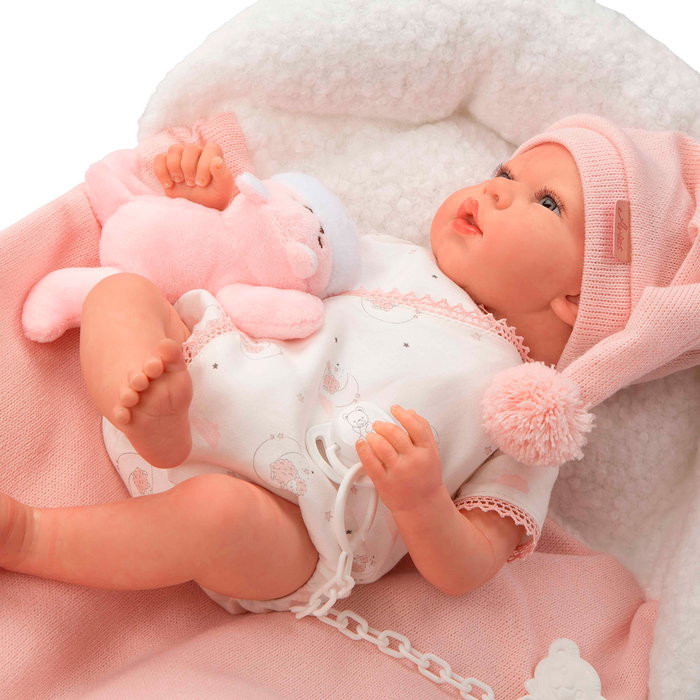 Muñecas Arias Poupée Reborn Bébé Ariel 40 cm avec Peluche, Coussin, Vêtements Rose et Blanc et Accessoires - Certificat d'Authenticité - Réf. 98191