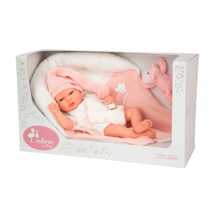 Muñecas Arias Poupée Reborn Bébé Ariel 40 cm avec Peluche, Coussin, Vêtements Rose et Blanc et Accessoires - Certificat d'Authenticité - Réf. 98191