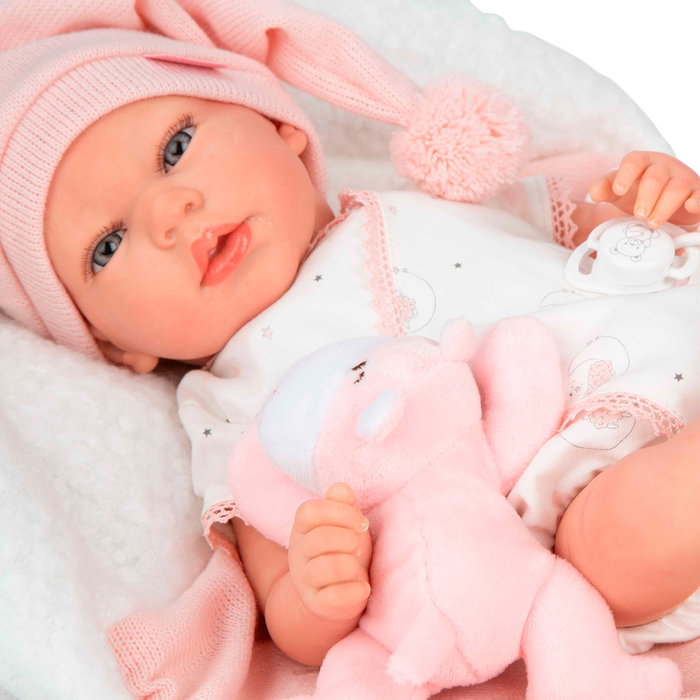 Muñecas Arias Poupée Reborn Bébé Ariel 40 cm avec Peluche, Coussin, Vêtements Rose et Blanc et Accessoires - Certificat d'Authenticité - Réf. 98191