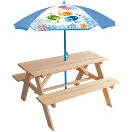 Fun House Table pique-nique en bois pour enfants avec parasol décoratif tortue H.53xL.95xP.100 cm, parasol H.125x100 cm