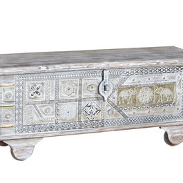 GINER Y COLOMER - Bahut en bois de manguier finition blanc vieilli avec appliques bronze - 46 x 116 x 40 cm (LxHxP)