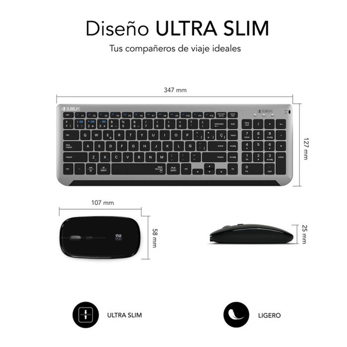 Subblim Dcep20 Combo Clavier + Souris Sans Fil Bluetooth 5.2 2.4G, Disposition Espagnole, Silencieux Rechargeable
