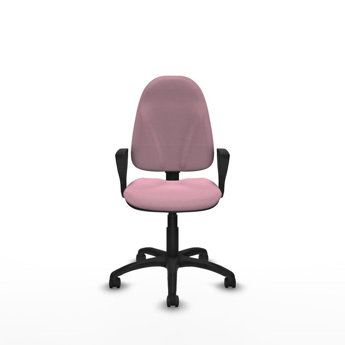 Chaise de bureau Algarra avec mécanisme de contact permanent à double poignée, recouverte de tissu rose. Équipée d'une base en polyamide noir, d'accoudoirs fixes et de roulettes autobloquantes