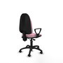 Chaise de bureau Algarra avec mécanisme de contact permanent à double poignée, recouverte de tissu rose. Équipée d'une base en polyamide noir, d'accoudoirs fixes et de roulettes autobloquantes