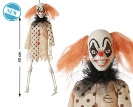Figure squelette de clown avec costume à pois et cheveux orange 40 cm - Décor halloween et théâtre