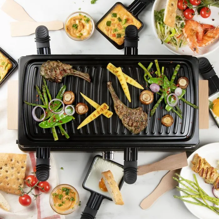 DOMO DO9294G Gril à Raclette 8 Personnes, Plaque Antiadhésive sans PFAS, Thermostat Réglable 1400 W, Noir avec Poignées en Bois