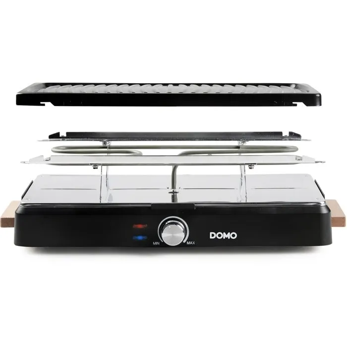 DOMO DO9294G Gril à Raclette 8 Personnes, Plaque Antiadhésive sans PFAS, Thermostat Réglable 1400 W, Noir avec Poignées en Bois