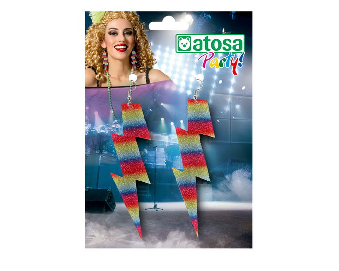 Pendants d'oreille femme adulte en forme d'éclair multicolore brillants, pour un look inspiré des années 80, costumes et soirées dansantes