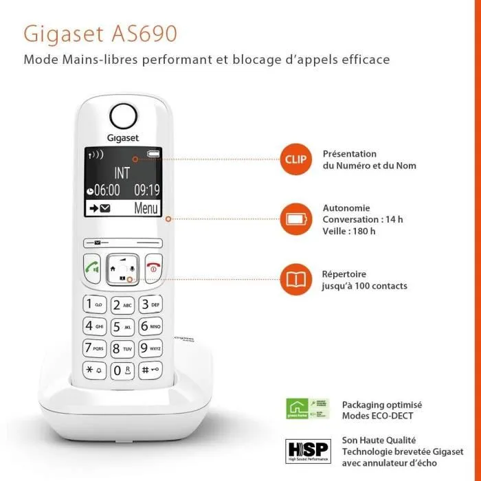 Gigaset AS690 Trio - Téléphone fixe mains libres blanc - Blocage d'appels (32 numéros), répertoire 100 contacts, autonomie 14h conversation - Fabriqué en Allemagne