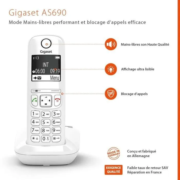 Gigaset AS690 Trio - Téléphone fixe mains libres blanc - Blocage d'appels (32 numéros), répertoire 100 contacts, autonomie 14h conversation - Fabriqué en Allemagne