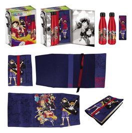 Halantex Coffret Cadeau One Piece Bleu avec Bouteille en Acier, Autocollant et Couvre-livre