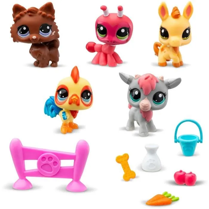 Bandai Littlest Pet Shop - Set Collector Thème de la Ferme avec 5 Animaux et Accessoires - BF00510 - Figurines à Tête Bougeante - Dès 4 ans