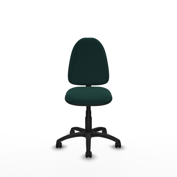 Chaise de bureau Aýna avec mécanisme de contact permanent de base, rembourrée de simili cuir vert bouteille. Équipée d'une base en polyamide noir, sans accoudoirs et de roulettes en nylon de 50 mm.