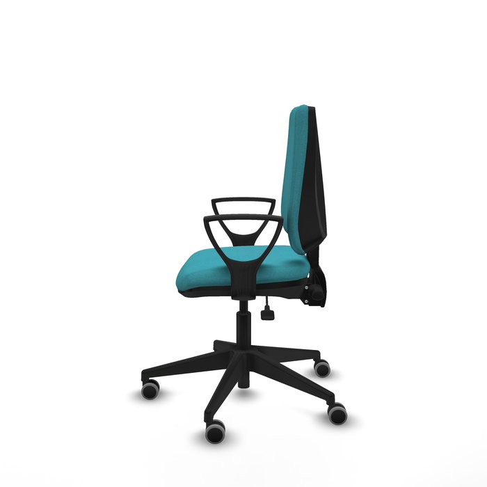 Chaise Elche Asynchrone Tissu Turquoise Base pyramidale noire Accoudoirs fixes Sans appui-tête Roulettes 65mm pour moquette Chaise Elche Asynchrone Tissu Turquoise Base pyramidale noire Accoudoirs fixes Sans appui-tête Roulettes 65mm pour moquette